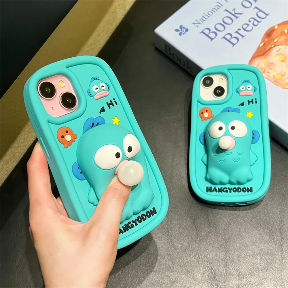 Cartoon Blowing Bubbles Sanrios Hangyodon Stereoscopic Phone Case for IPhone 15 14 13 12 11 Pro Max Soft Silicone Back Cover