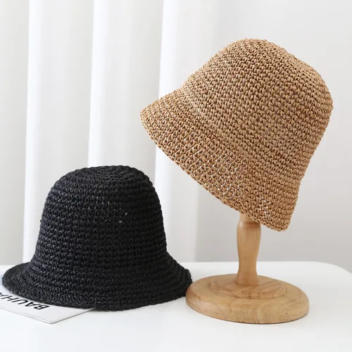Imagen 2 del producto Sombrero de cubo de ganchillo hecho a mano para mujer, sombrilla de verano al aire libre, transpirable, estilo japonés, gorra de pescador de paja de papel