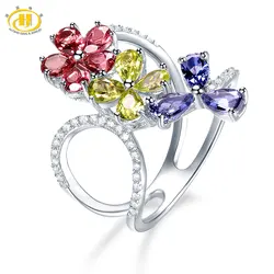 Hutang Engagement Rings 2.51 Carats Natural Multi Gemstone Garnet Peridot 925 Sterling Silver Ring Flower Fine Jewelry Gift