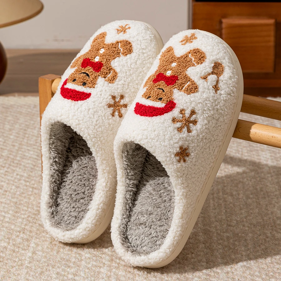Women's Christmas Slippers Adorable Indoor Festival Gingerbread Man Embroidery Couple Fashion Winter Holiday Christmas Shoes - view 6