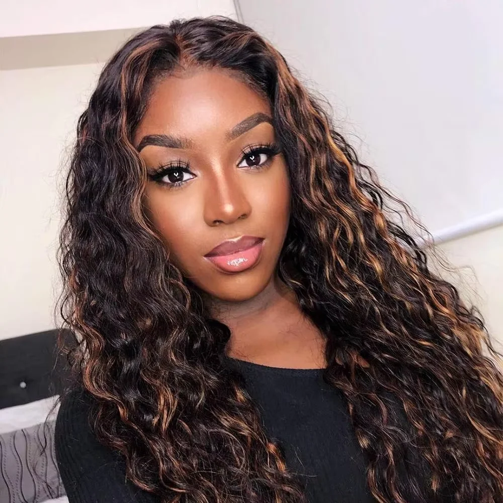 Peruca Profunda Curly HD Lace Frontal para Mulheres, Onda de Água, Ombre Highlight, Peruca Sintética Com Cabelo De Bebê, 30 ", 13x4