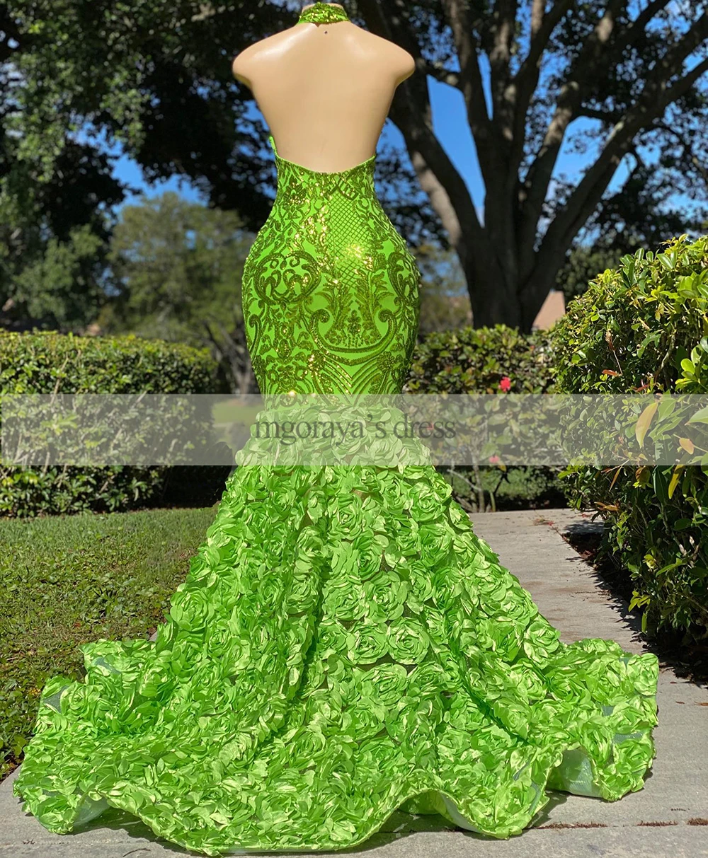 Long Green Prom Dresses 2023 Sparkly Sequin 3D Flowers Train African Girls Women Mermaid Formal Evening Party Gowns Custom Made