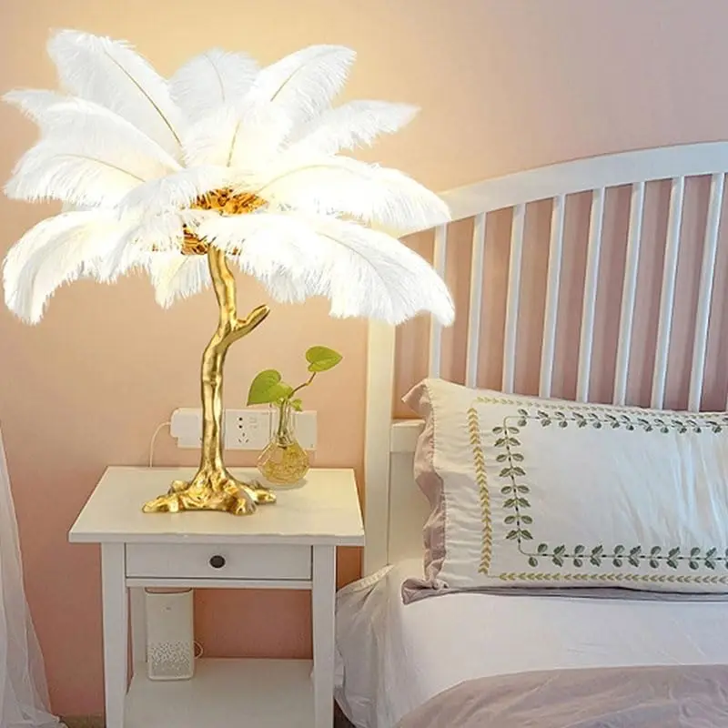 New Feather Bedroom Table Lamp Modern LED Bedside Lamp Living Room Coffee Shop Wedding Christmas Decoration Ostrich Feather Lamp