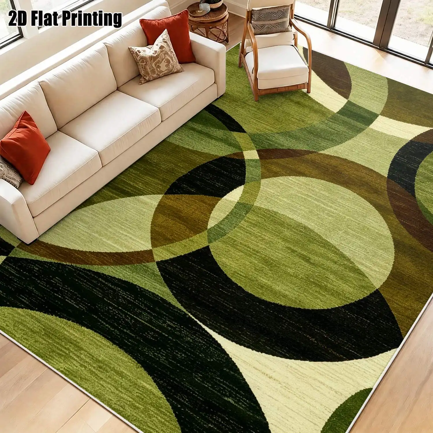 1Pc 2D Printed Velvet Carpet, Green-Brown Geometric Circle Pattern Modern Simple Vintage European Instagram Style Floor Mat, Machine Washable, Multiple Sizes, Home Decor for Entrance, Dining, Foyer, Bedroom, Living Room.