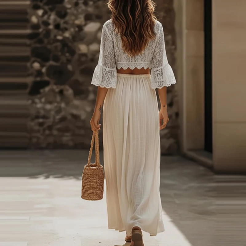 

Женский повседневный пляжный комплект: сексуальный топ с V-образным вырезом и рукавом до локтя, длинная юбка с разрезом, летний костюм, свободный кружевной комплект из двух предметов для отпуска