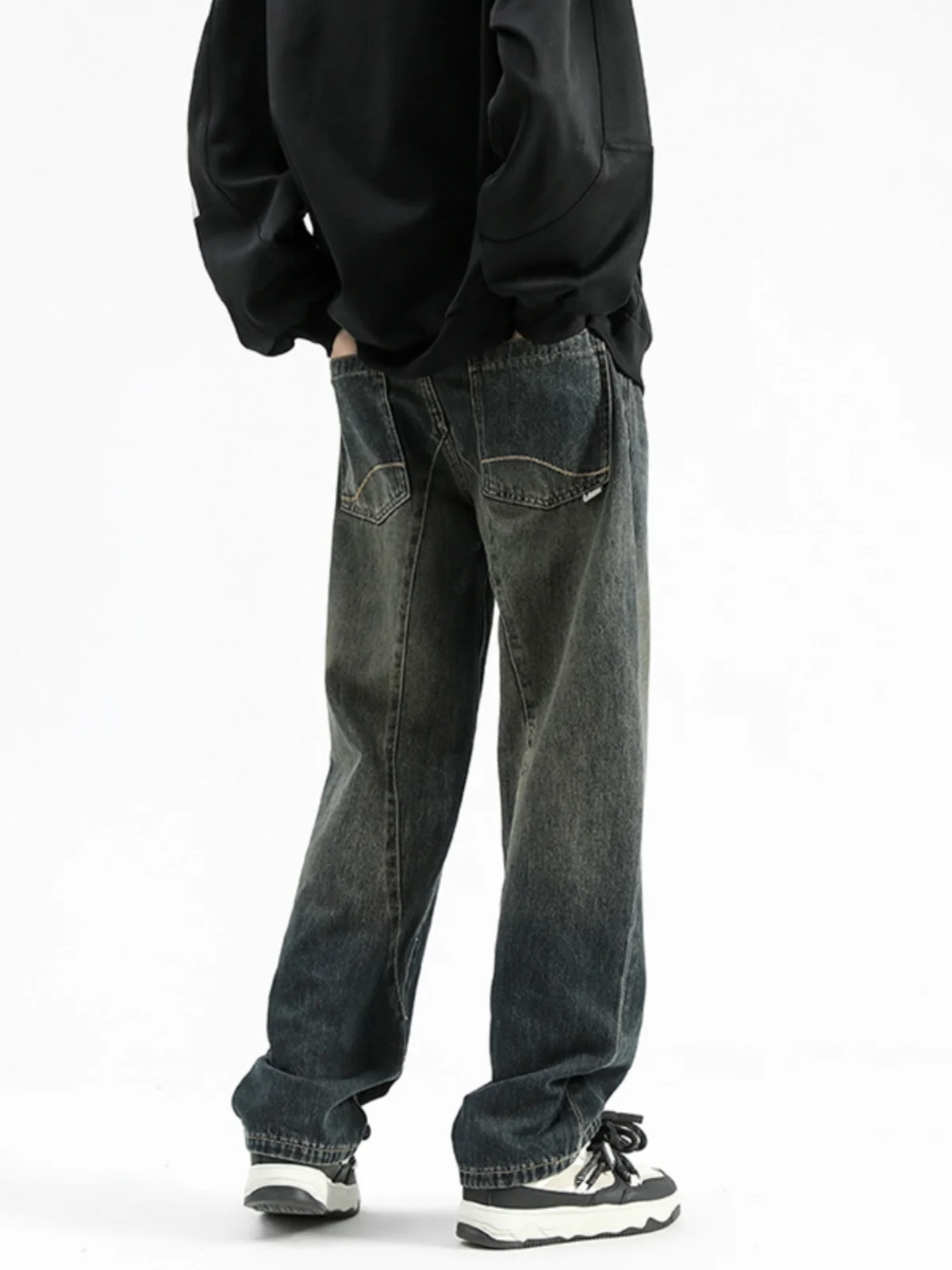 

Retro Blue Denim Jeans Autumn Winter Men's Loose Straight Leg Pants Non-Matching Leggings Micro Flared Jeans Cotton Polyester...