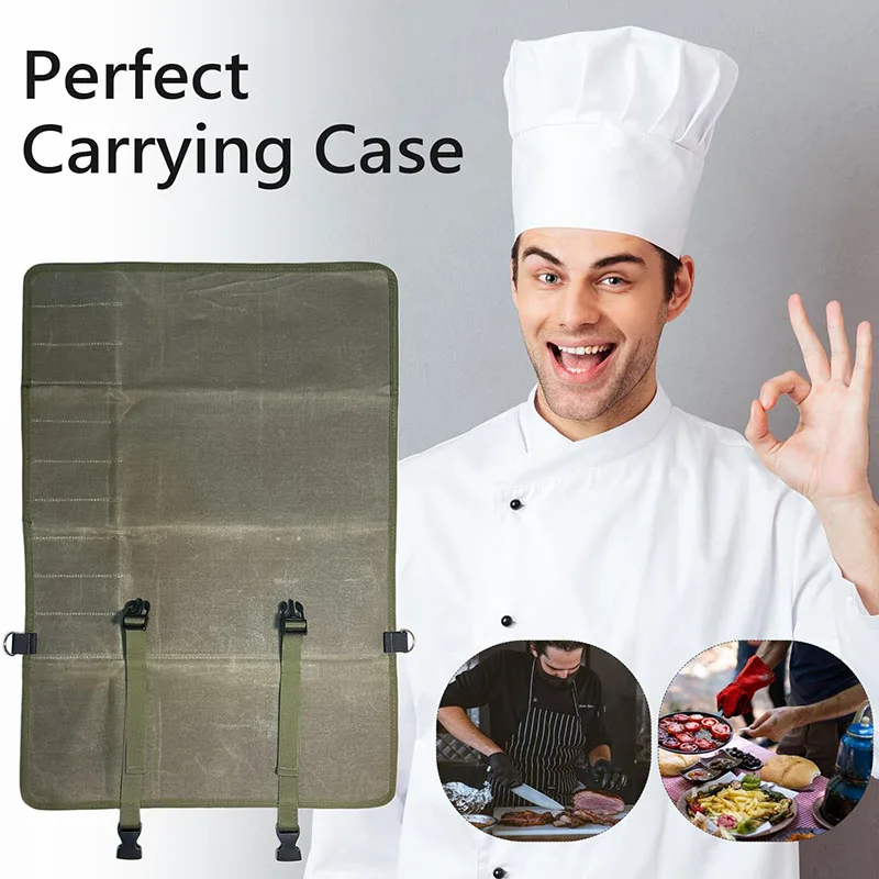 Knife Roll Bag Heavy Duty Convenient Storage Case Protection For Chefs Knives Stylish Military Green 10 Knife Slots Zipper Pocke