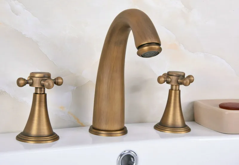 

Retro Brass Dual Cross Knob Widespread Basin Faucet Bathroom Sink Hot And Cold Water Tap Deck Mounted Three Hole Tub Taps Dan080