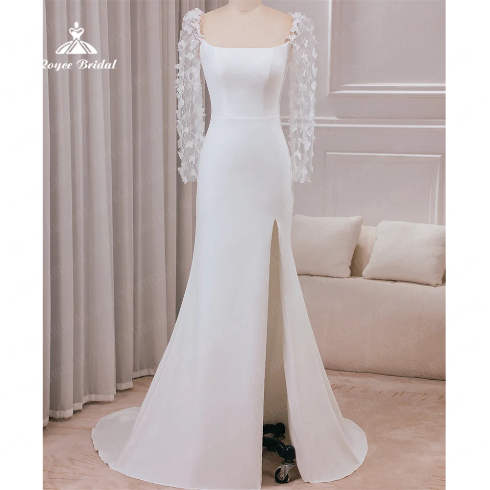 Roycebridal Boat Neck Mermaid Wedding Dress 2025 Satin Side Slit Court Train Wedding Gown long sleeve wedding dressvestido de no