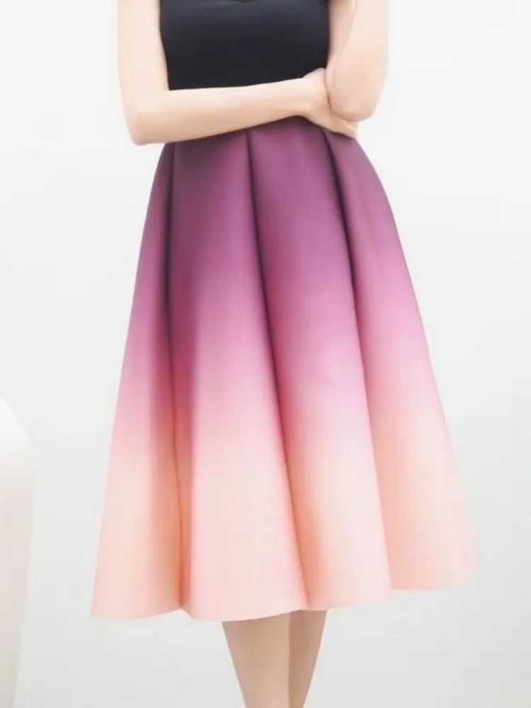 Lemongor, faldas por debajo de la rodilla plisadas con gradiente a la moda para mujer, nueva falda elegante de oficina para fiesta y noche, falda acampanada, ropa para mujer 2025