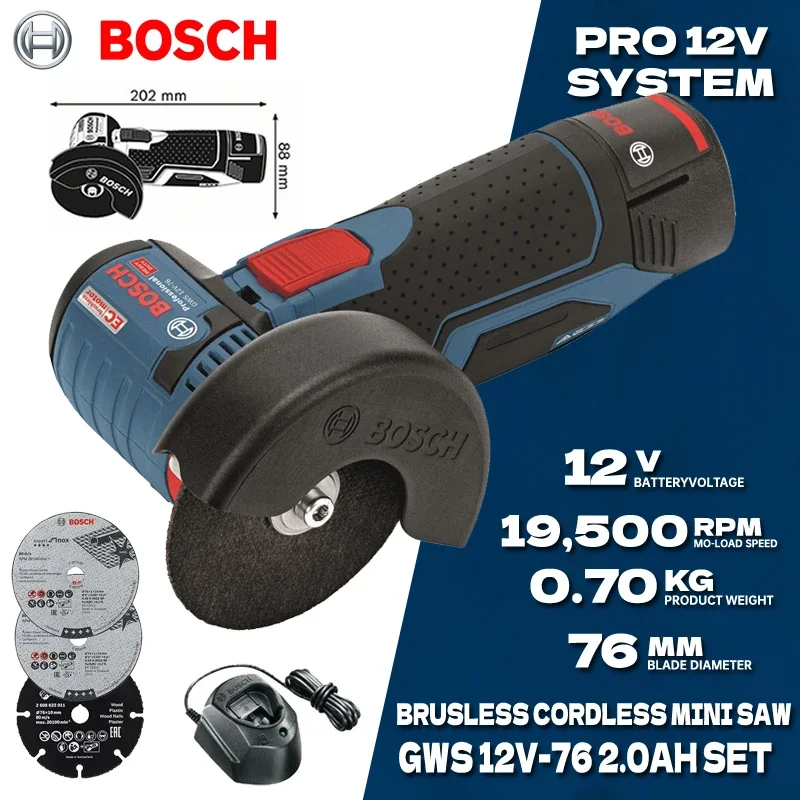 BOSCH GWS 12V-76 Cordless Mini Saw With 12V 2.0AH Lithium Battery Rechargeable Metal Wood Cutting Machine Woodworking Power Tool