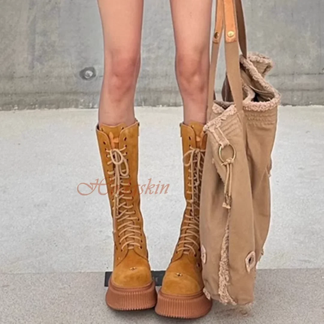 Suede Lace Up Knee High Boots Round Toe Thick Sole Platform Solid Cross Tied Boots Women New Style Shoes Winter Warm Designer