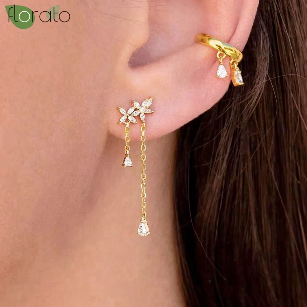 

925 Sterling Silver Needle Inlaid Zircon Flower Earrings for Women Delicate Simple Golden Chain Pendant Earrings Fashion Jewelry