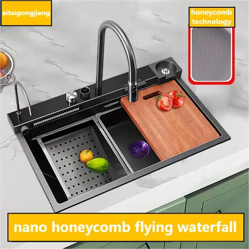 Nano Stainless Steel Integrated Flying Waterfall Kitchen Cup Washer Honeycomb Technology Sink With Clean Faucet