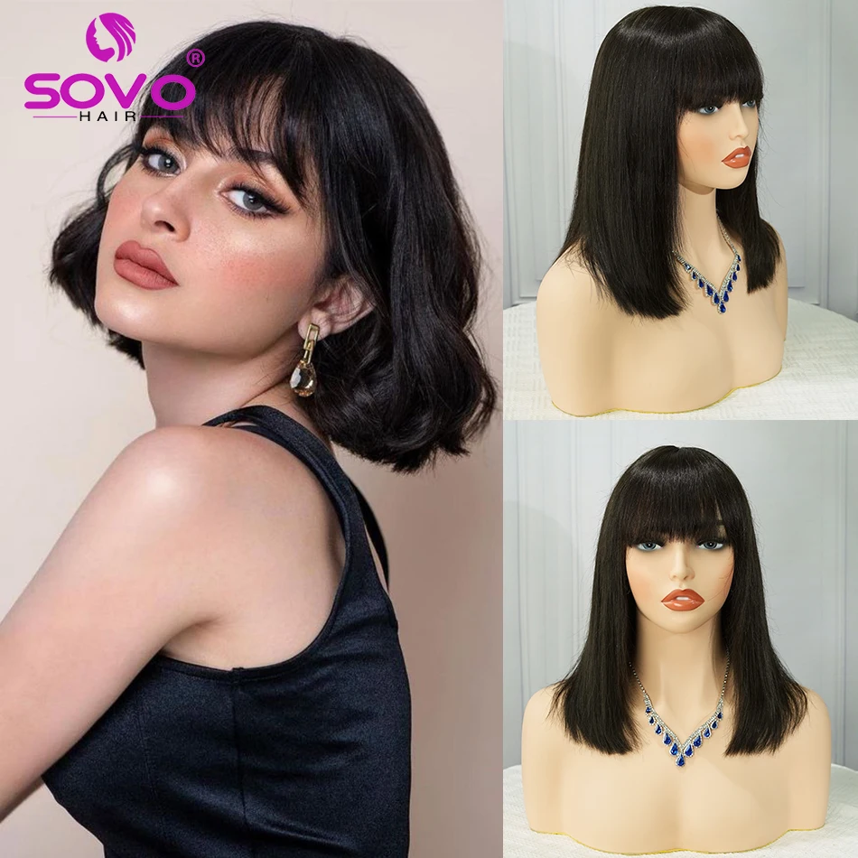 

Machine-made Human Hair wig with bangs Straight Bob Full Machine Made Wigs No Lace For Women 10 12 14 Inches 100% Human Hair Wig