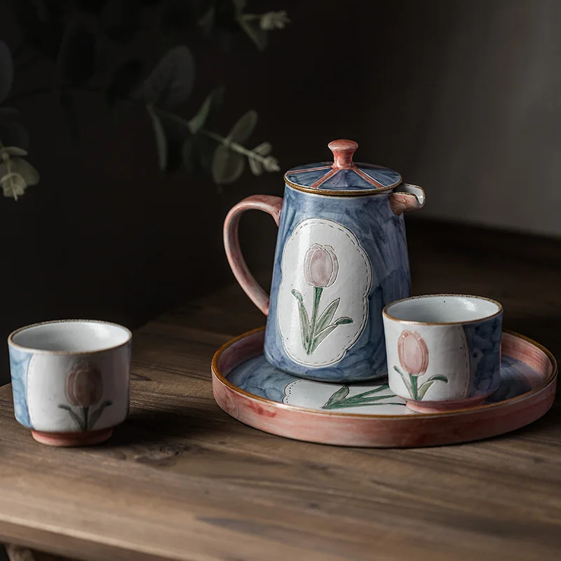 

Hand Painted Tulip Ceramic Water Cup Tea Tray Sets Japanese Household Coffee Sharing Pot Teapot Cup