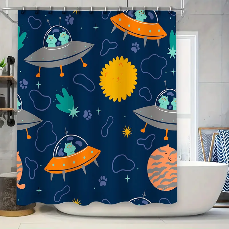 

Занавеска для душа с изображением кота НЛО, синяя галактика, дизайн для детской ванной комнаты.