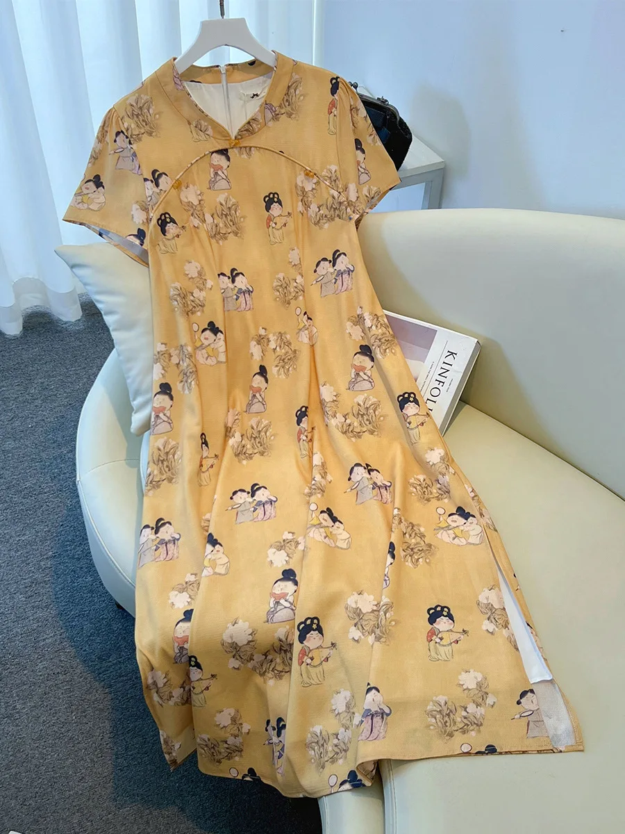 150Kg Plus Size Women's Bust 150 Summer Loose New Chinese Qipao Retro Character Cartoon Dress Yellow 5XL 6XL 7XL 8XL 9XL