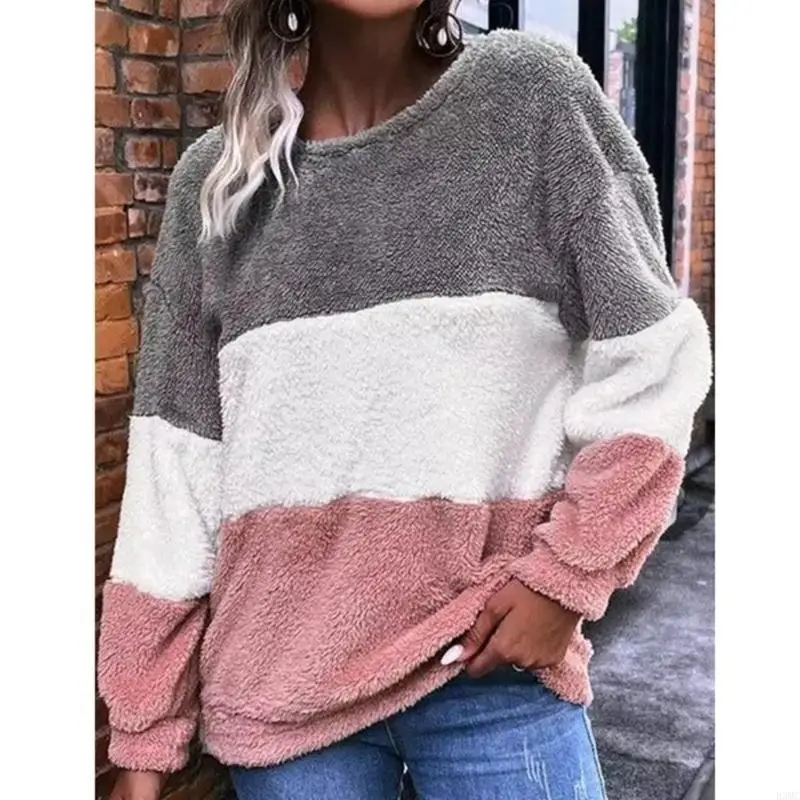 R3MC Sweat-shirt à manches longues col rond pour Pull en polaire rayé