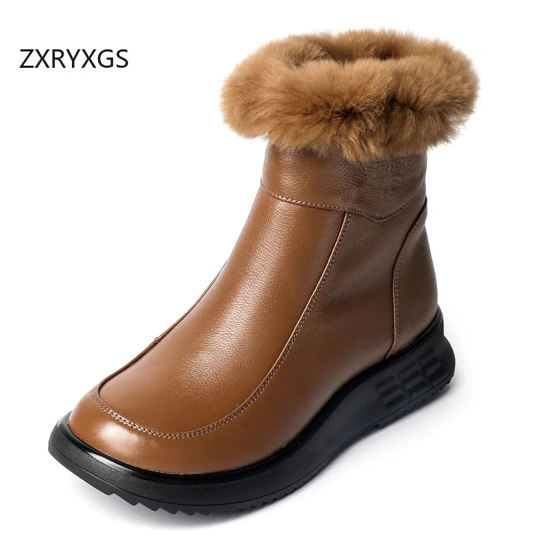 

ZXRYXGS High-end Rex Rabbit Fur Women Fashion Boots Warm Premium Cow Leather Shoes Snow Boots Wedges Big Size Trendy Boots 2025