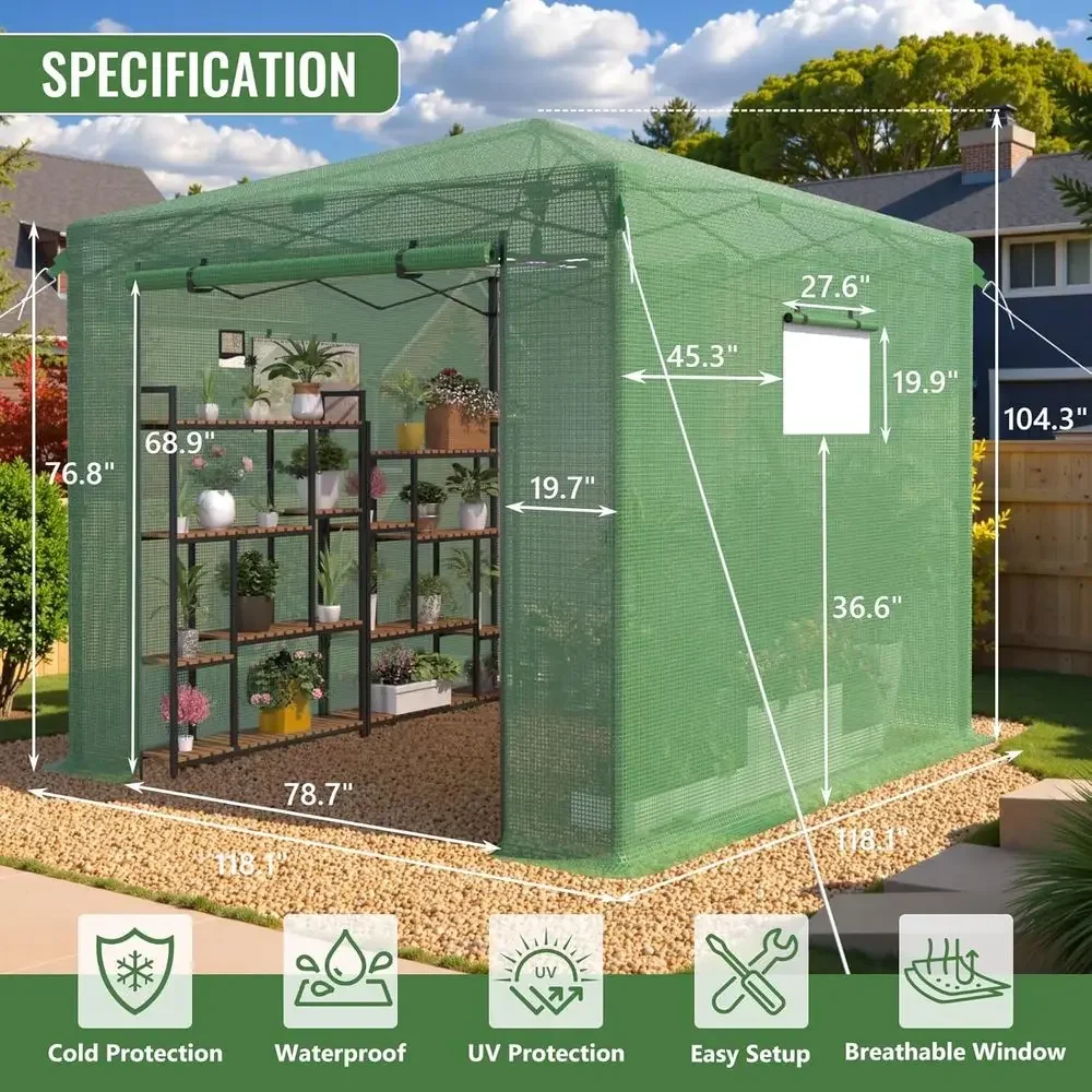 10x10 Walk-In Greenhouse with Roll-Up Door for Easy Setup in Garden or Backyard