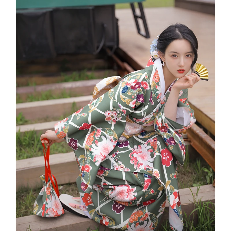 

Japanese Traditional Kimono Women's Green Color Floral Prints Classic Yukata Photography Dress Cosplay Clothing Bathrobe