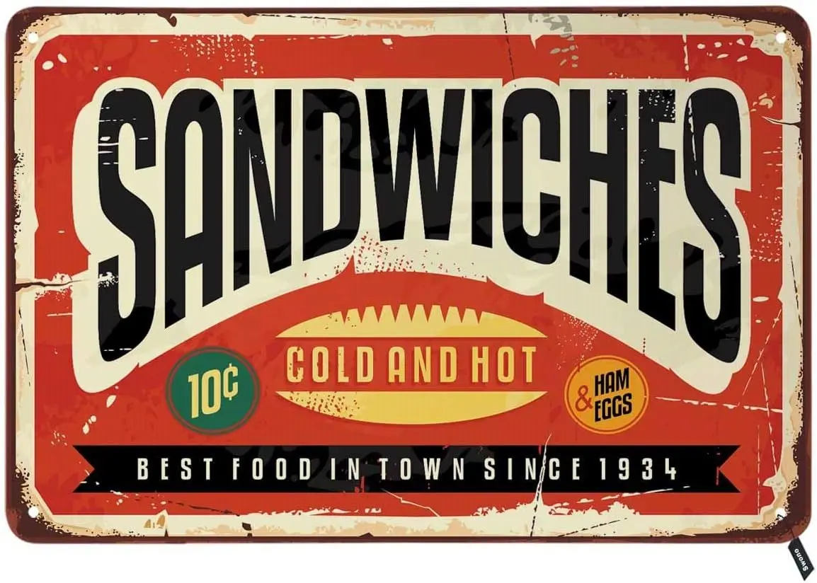 Swono Sandwiches Tin Signs,Cold and Hot Best Food in Town Vintage Metal Tin Sign For Men Women,Wall Decor for Bars,Restaurants,C