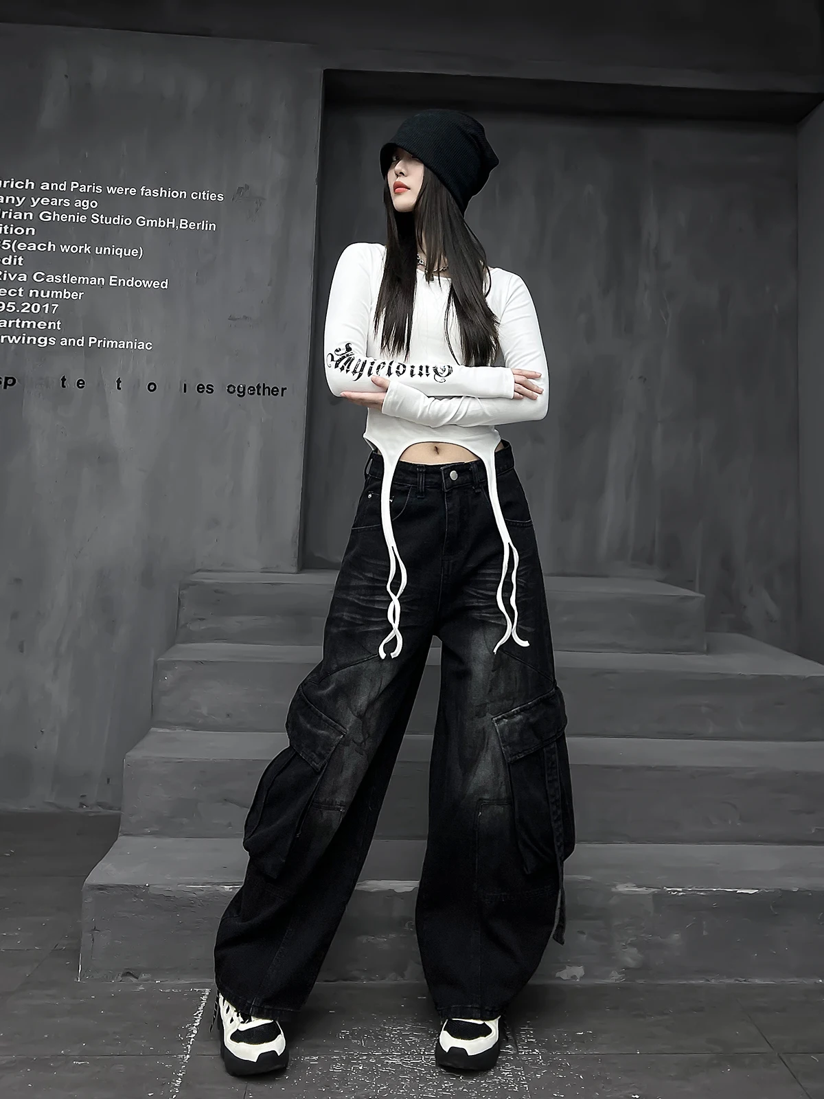 

M-Home Trendy Brand Women's Spring Short Sleeve Long Pants Two-Piece Set Slim Fit round Neck T-Shirt Denim Wide Leg Workwear