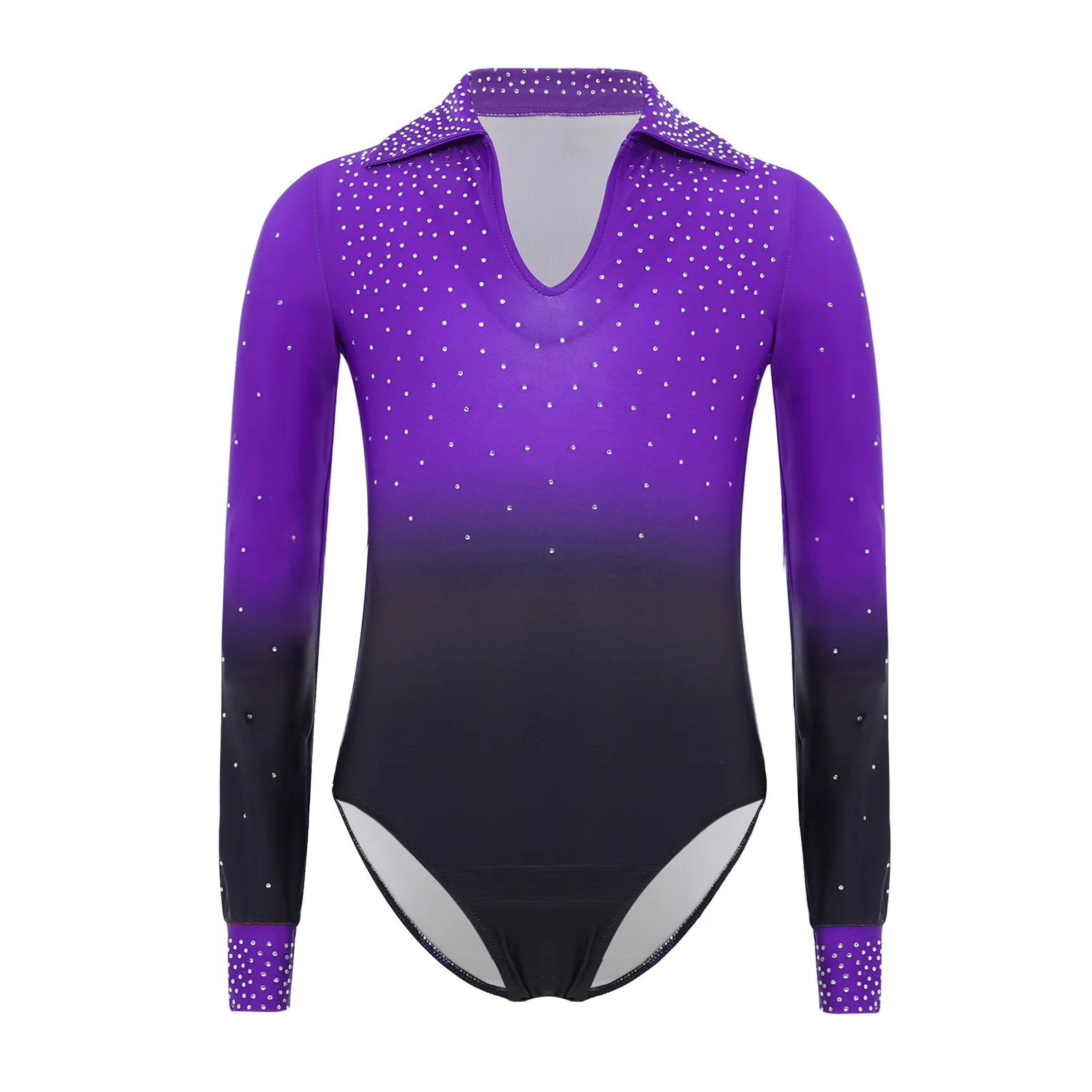 

Kids Boys Figure Skating Dance Gymnastics Leotard Turn-Down Collar Long Sleeve Shiny Rhinestones Gradient Color Bodysuit Unitard