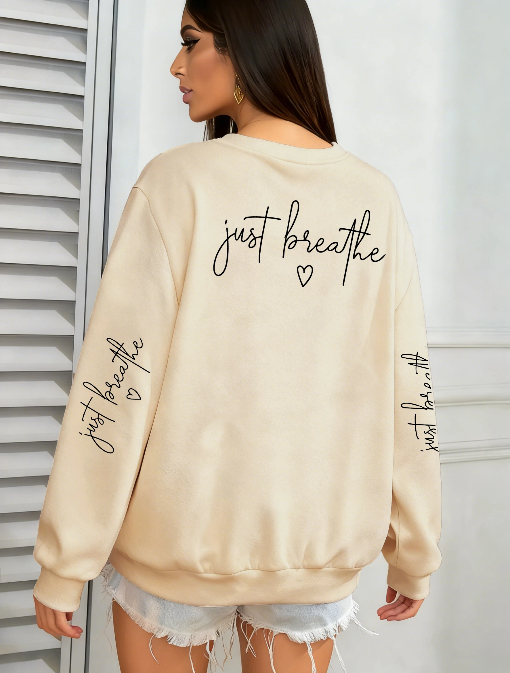 Just Breathe Love Art Letter Print Women Pullover Crewneck Y2K Sweatshirt Autumn Loose Clothes Fleece Jogging Female Streetwear