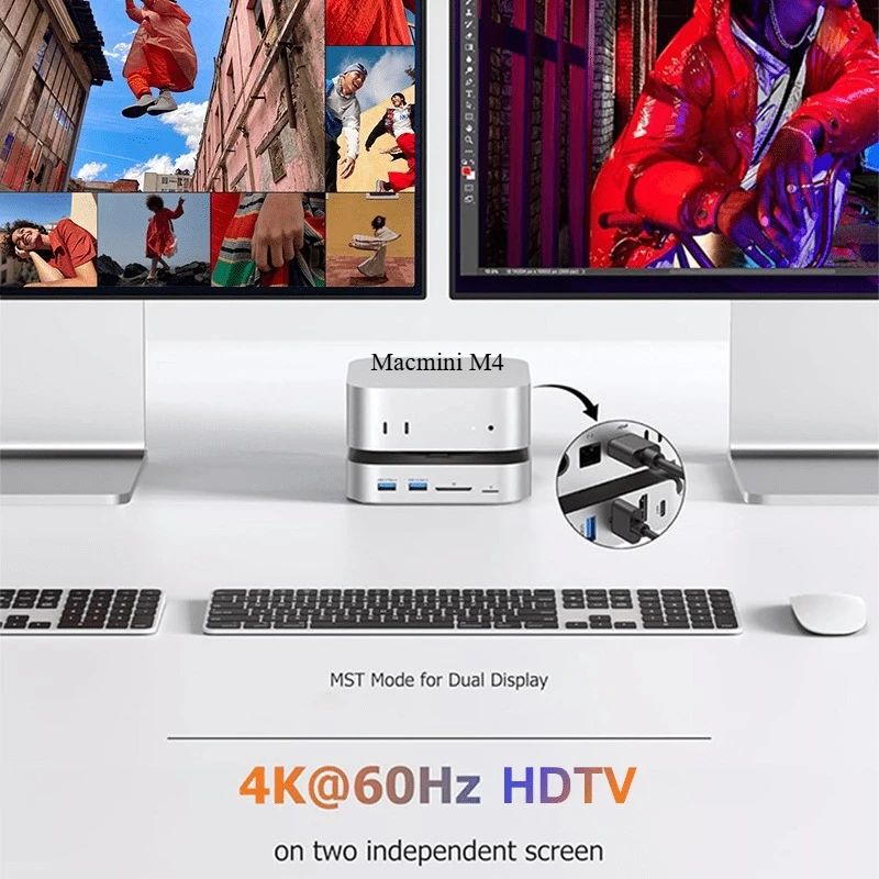 USB-C хаб для Mac Mini M4, док-станция с поддержкой двух мониторов, Type-C на DP, слот для M.2 NVMe SSD, 4K60 HDTV, кардридер SD/TF для M4