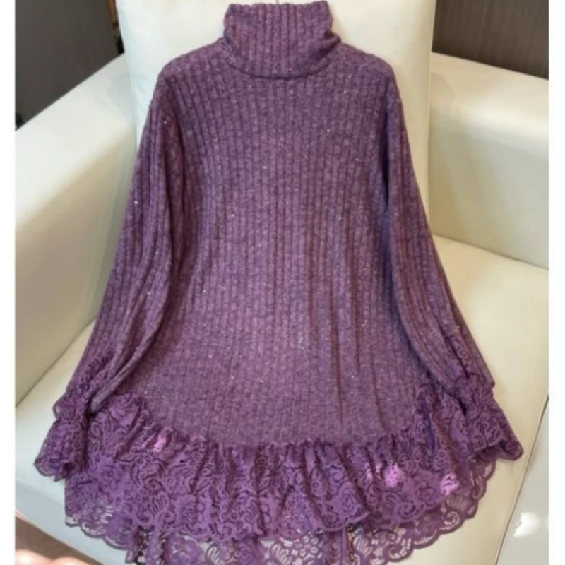 Jesienno-zimowe swetry damskie o średniej długości z golfem, nowa moda 2025, luźne, codzienne, koronkowe pulowery, bluzki, odzież wierzchnia damska.
