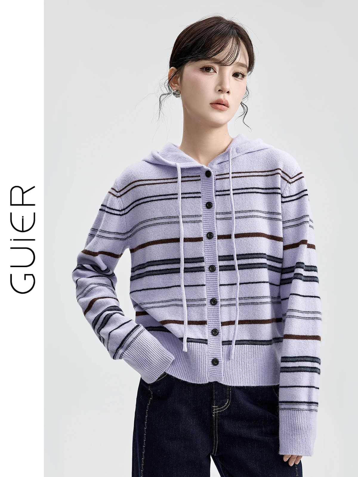 

Purple Striped Hooded Knitted Open Cardigan Women's Casual Sle Design Sensation Small Leisure Top Spring Autumn New Arrival