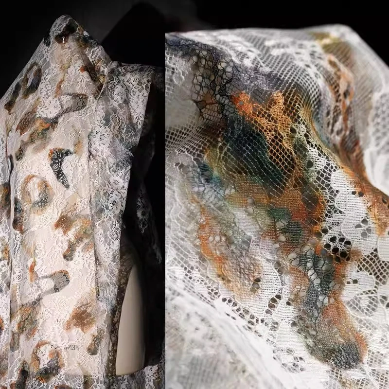 

Чувство горения и сломанности Изготовление старого кружева Полая сетчатая ткань Tie Dye Полуюбка Художественное платье Дизайнерская ткань одежды