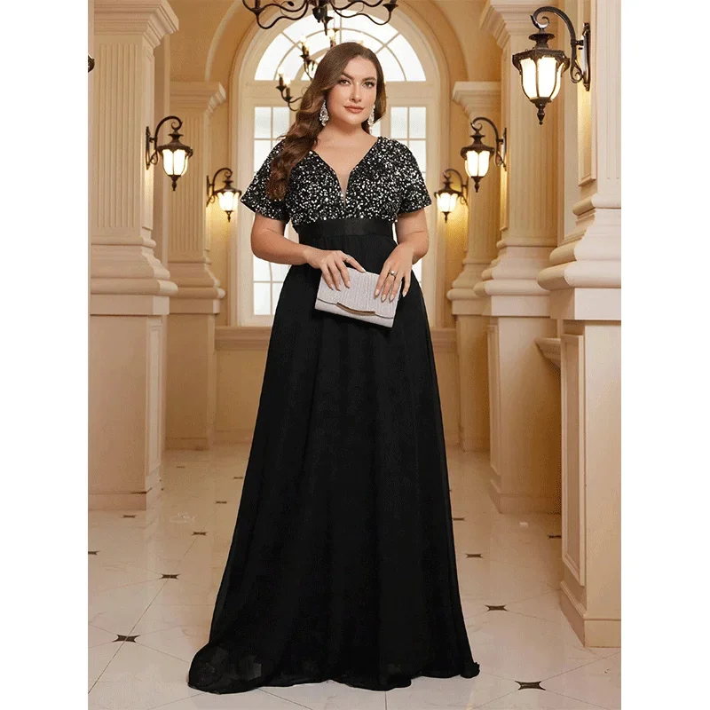 Plus Size Banquet Women\'s Chiffon Evening Dress Elegant V-neck Short Sleeve Black Silver Sequins Women\'s Prom Dresses 4XL 5XL