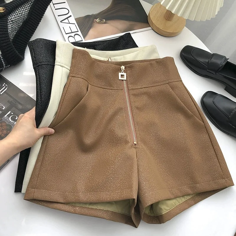 

Ladies Casual Front Zipper Shiny PU Leather Shorts Women Clothing Girls High Waist Womens Shorts Female Sexy Clothes BVy8305