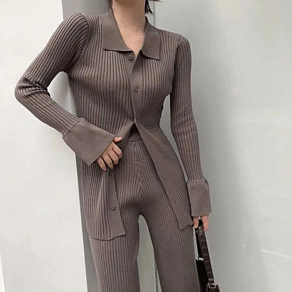 Sweater Coat Pants Set Solid Color Slim Fit Long Sleeves Turn-down Collar Elastic Flared Sleeves Women Sweater Trousers Suit