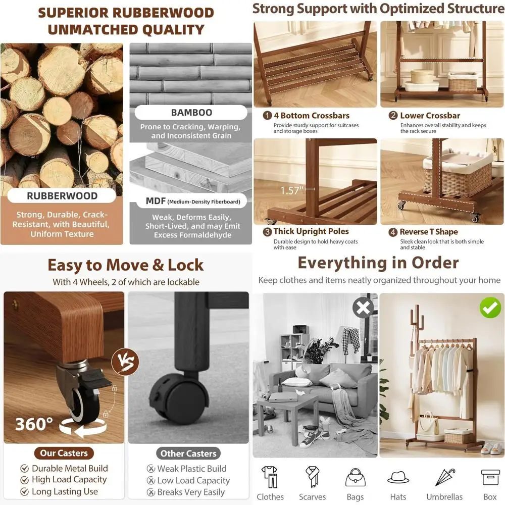 Walnut Heavy Duty Rolling Garment Rack with 6 Hooks and Storage Shelf, Easy Assembly
