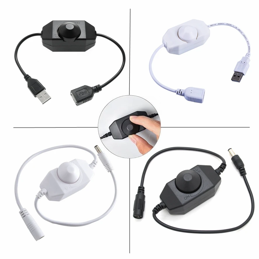 5 فولت/12 فولت 24 فولت LED مقبض باهتة التبديل تيار مستمر USB أنثى إلى ذكر تمديد الحبل مع الروتاري على قبالة تحكم أبيض أسود شرائط أضواء