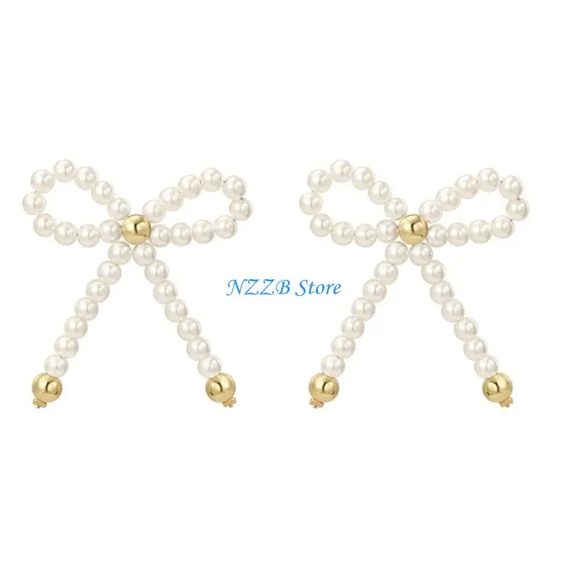 

T21F Bowknot Bracelet/Earrings/Necklace Imitation Pearls Accessory for Daily Wear