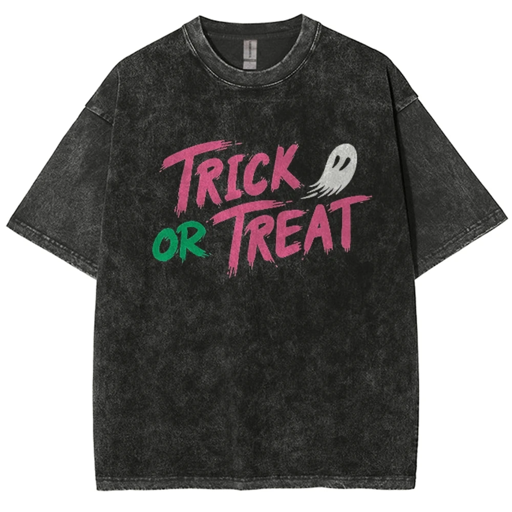 Trick or Treat Washed T-shirts For Men Short Sleeve Unisex Oversized Tops Streetwear American Casual Retro Short Sleeve Men