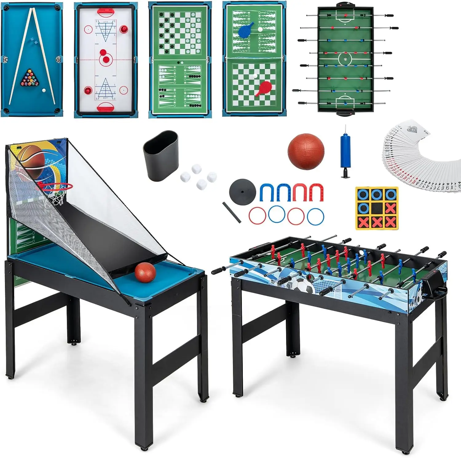 

14-in-1 Multi Game Table, Combo Game Table w/Foosball, Air Hockey, Pool, Table Tennis, Basketball, Chess, Checkers, Bowli