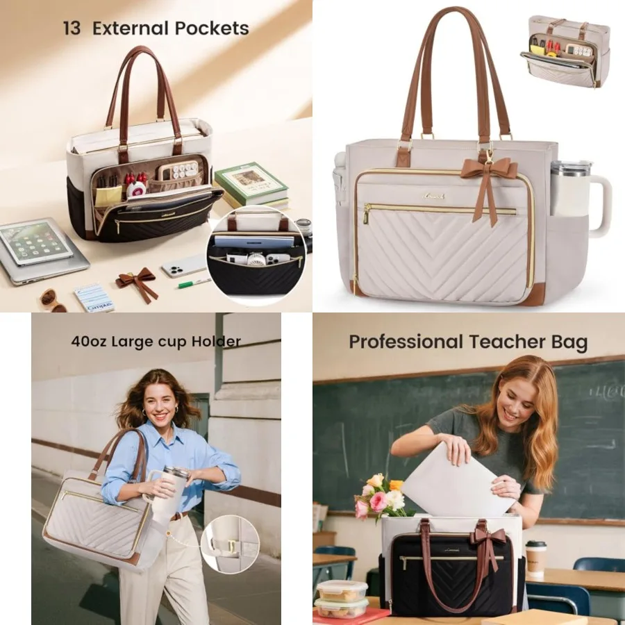 

Laptop Teacher Tote Bag for Women, Work Nurse Bag with Large Cup Holder, Quilted Diaper Bag for Travel, Computer Women's handba