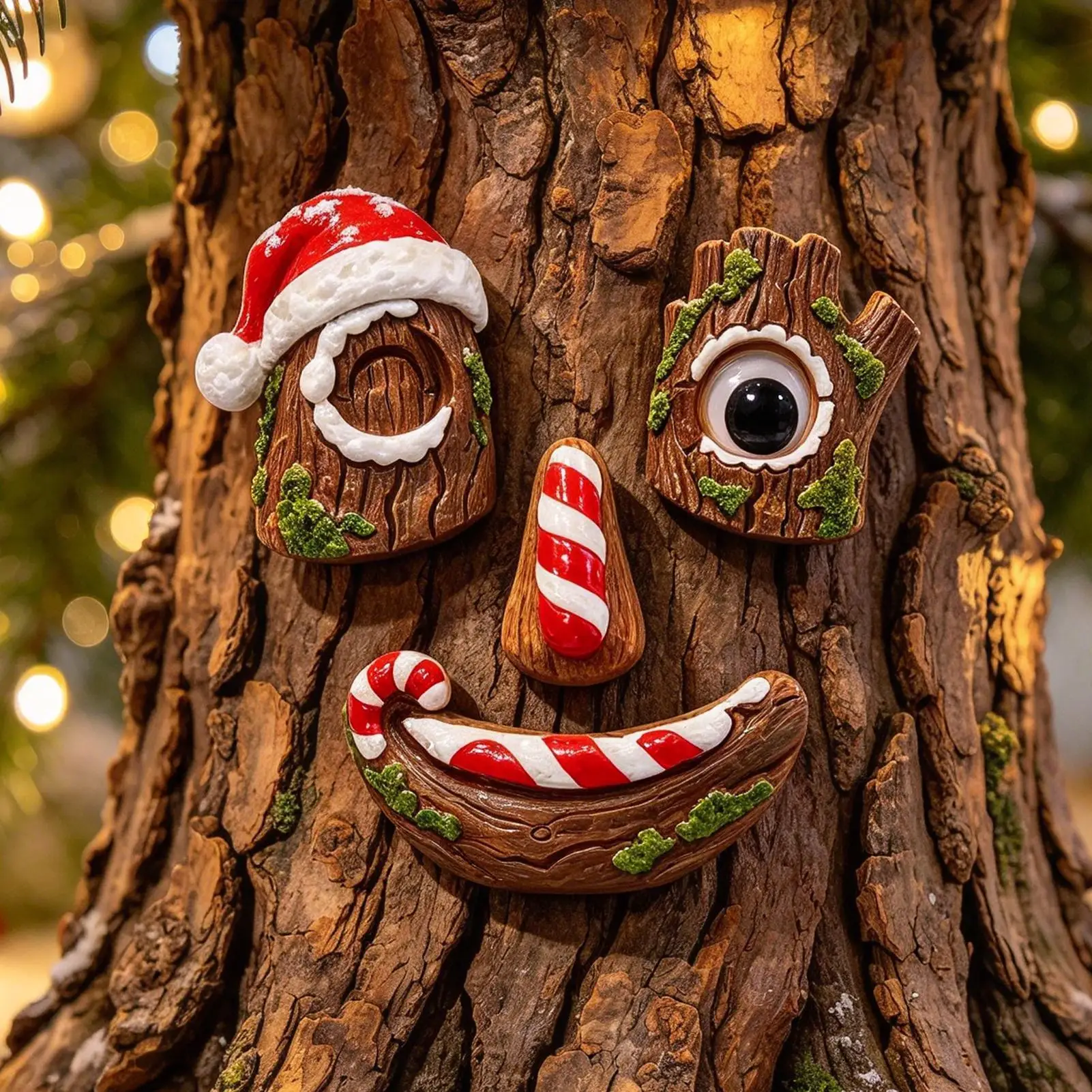 Unique Christmas Tree Trunk Smiling Face Decor Resin Statue Artistic Holiday Ornament for Home Yard Party Tabletop Display Gift