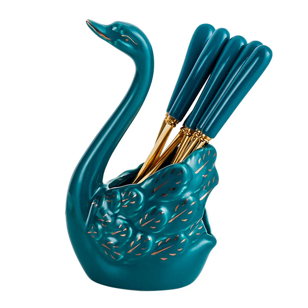 مجموعة واحدة من شوك الفاكهة المصنوعة من الفولاذ المقاوم للصدأ وحاوية تخزين سيراميك أنيقة على شكل بجعة للمقهى المنزلي