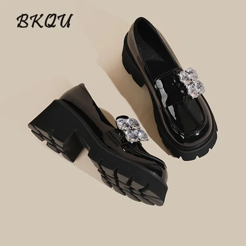 BKQU Mary Jane Shoes Women 2024 Fall New Sweet Women's Shoes with A Slip-on Single Shoe Large Size Rhinestone Decoration