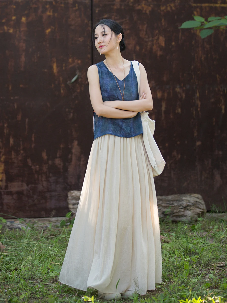 Elegant Cotton Linen Women's Skirt Drifting Long Midi Skirt Versatile Travel Photography Forest System Half Body Skirt Summer