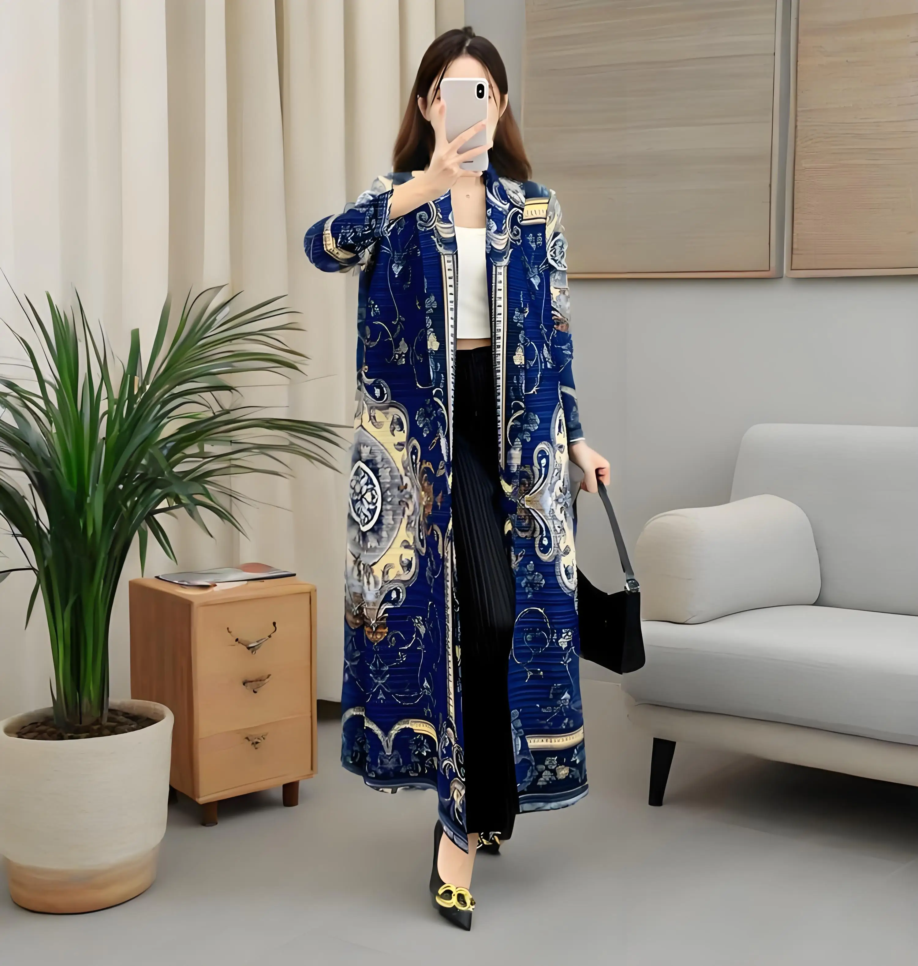 

Miyake 2025 New Spring Folded Robe Loose Pleated Fashion Light Luxury Noble Middle East Printed Plisse Coat Jacket Cloak Women