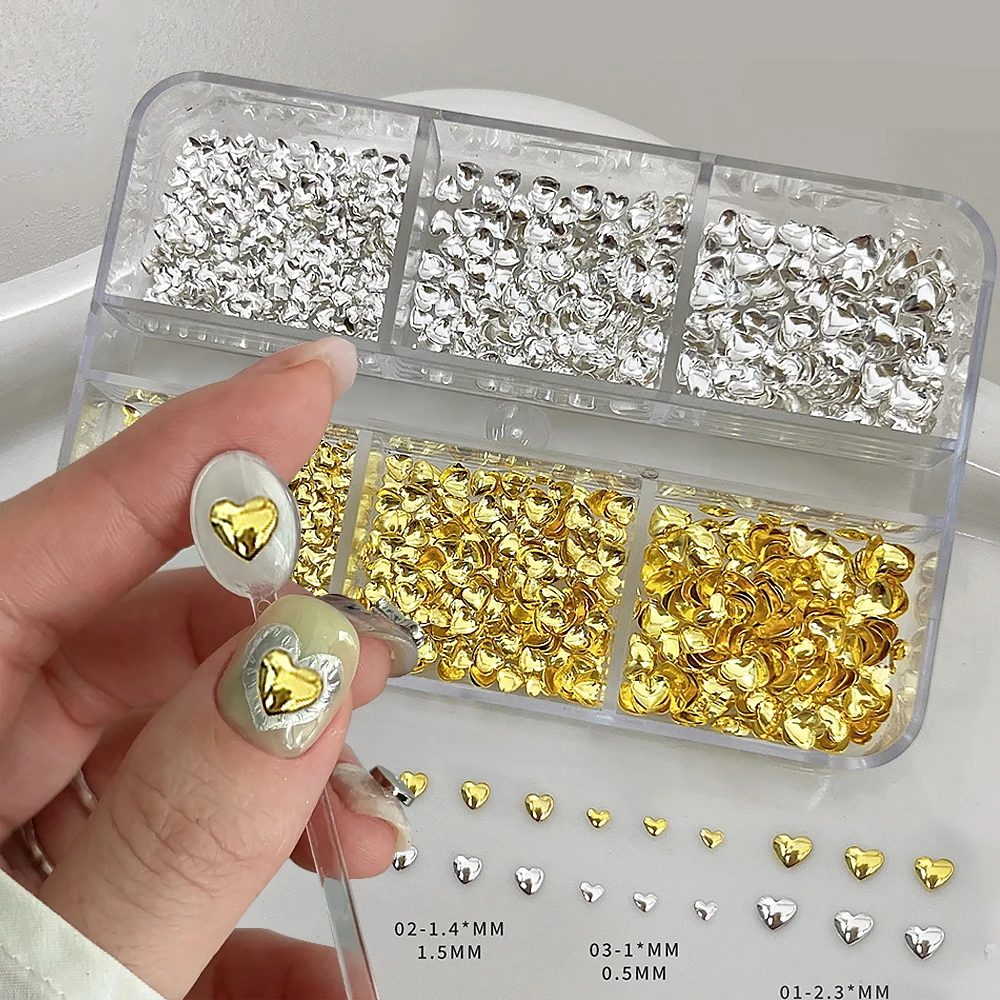 500 Uds + conjunto de accesorios para uñas con remaches con diseño de corazón dorado y plateado, copos metálicos brillantes de 1 a 2,3mm, remaches para manicura, tachuelas y dijes