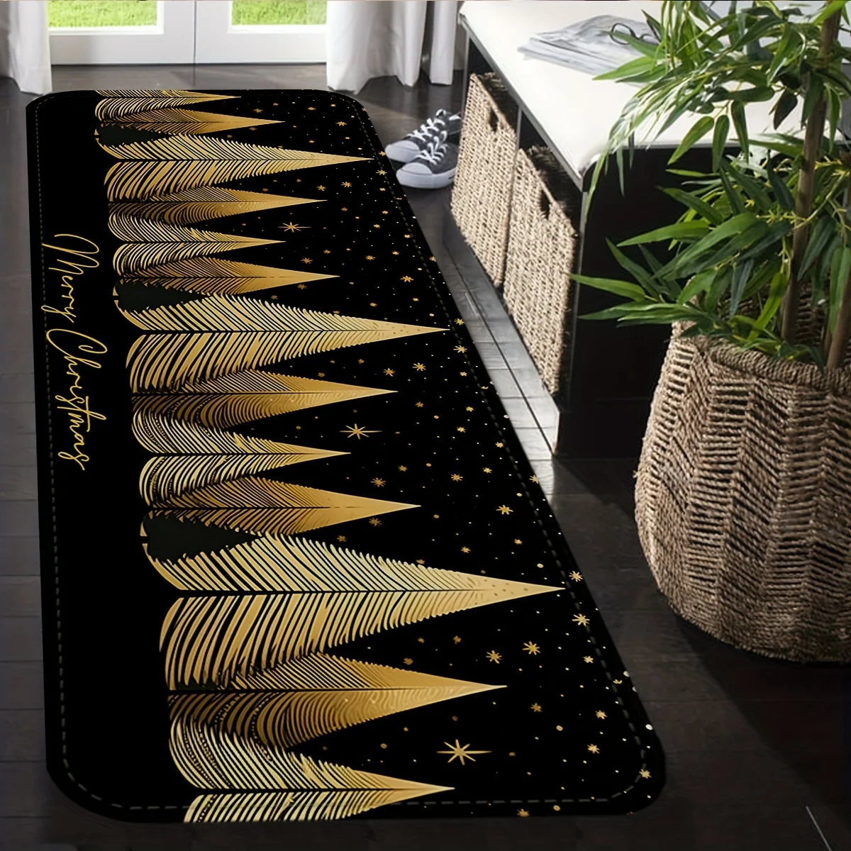 Commercial Kitchen Background - Schwarzer Hintergrund, goldene Linienkunst, Kiefern-Weihnachtsbaum, Stern,